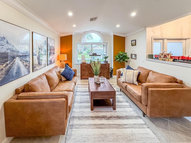 living room with crown molding and vaulted ceiling