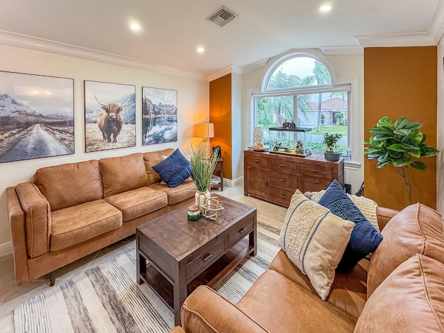 living room with crown molding