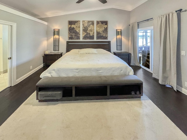 bedroom featuring ceiling fan, lofted ceiling, dark hardwood / wood-style floors, and ornamental molding