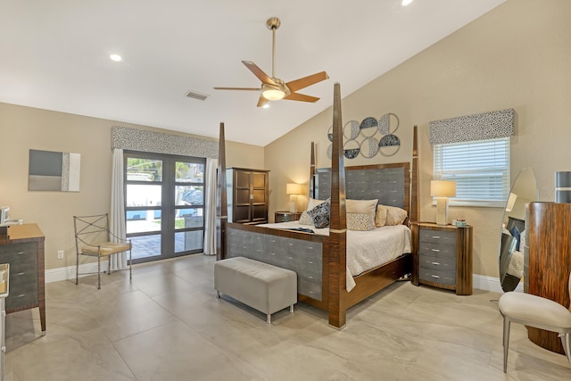 bedroom with ceiling fan, high vaulted ceiling, visible vents, baseboards, and access to outside