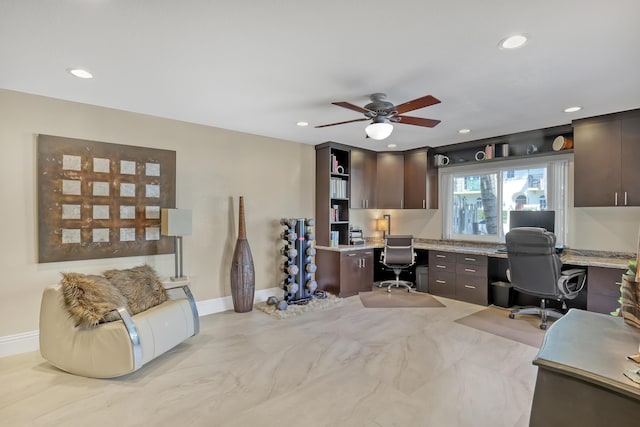 office featuring recessed lighting, baseboards, a ceiling fan, and built in study area