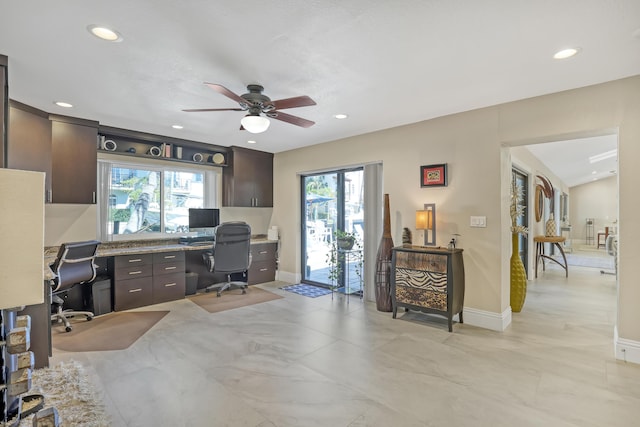 office with baseboards, ceiling fan, and recessed lighting