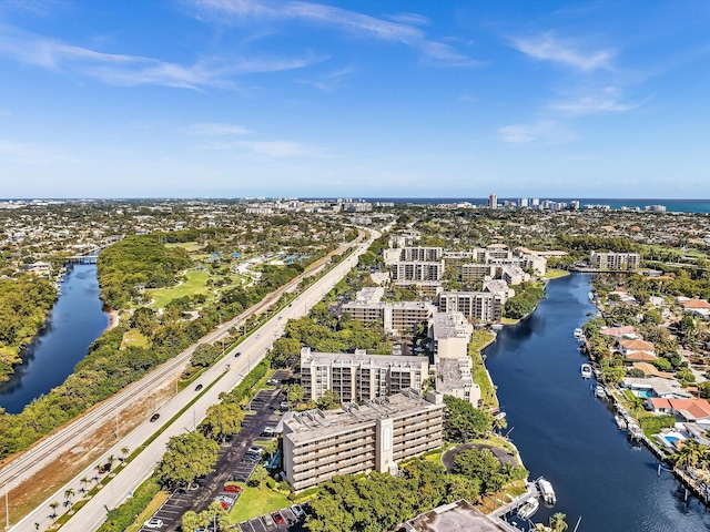 aerial view with a water view and a view of city