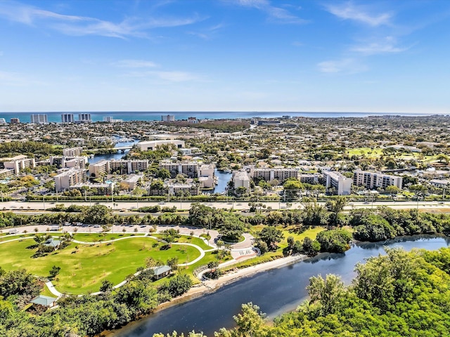 drone / aerial view with a water view