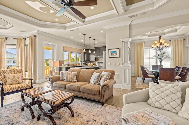 tiled living room featuring beam ceiling, ceiling fan with notable chandelier, ornamental molding, and decorative columns