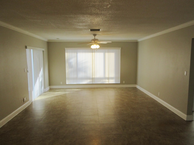 unfurnished room featuring ceiling fan, ornamental molding, and a textured ceiling