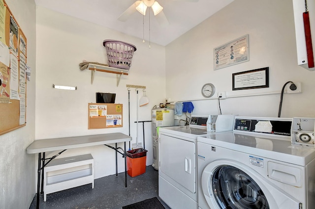 washroom featuring washing machine and dryer, water heater, and ceiling fan