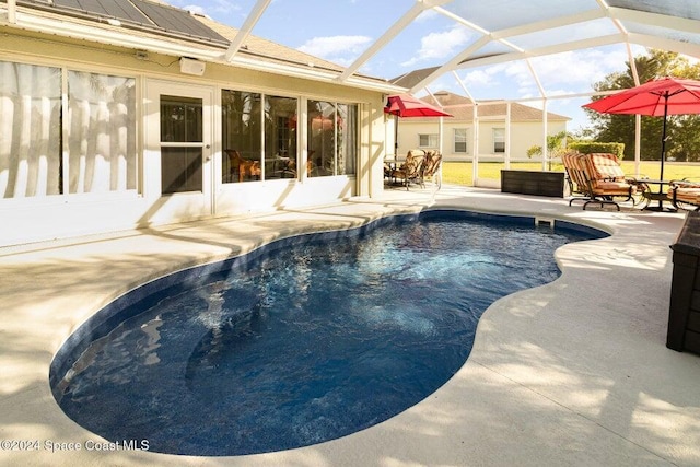 view of swimming pool with a lanai and a patio area