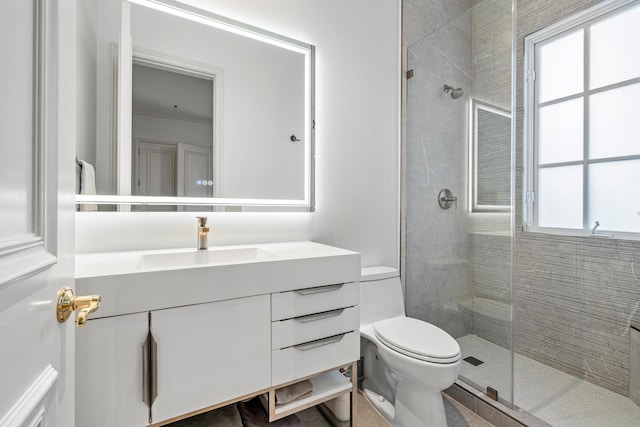 bathroom with vanity, an enclosed shower, and toilet