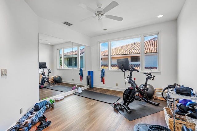 exercise area with ceiling fan and light hardwood / wood-style floors