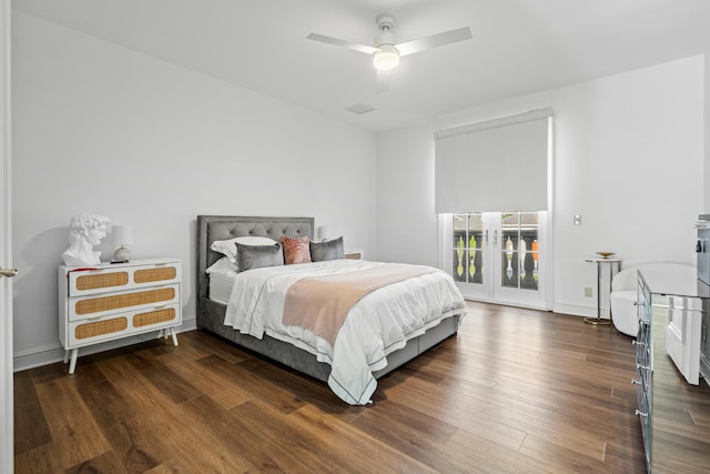 bedroom featuring dark wood-type flooring, access to exterior, and ceiling fan