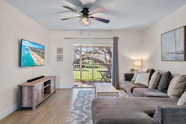 living room with light hardwood / wood-style floors and ceiling fan