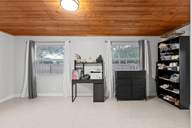 tiled home office with lofted ceiling and wood ceiling