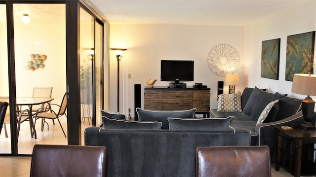 living room with light tile patterned flooring