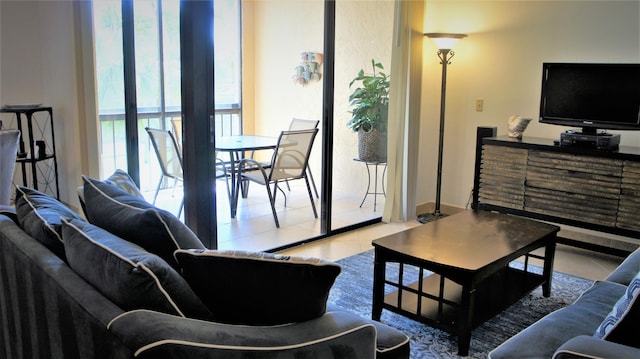 living room featuring light tile patterned flooring