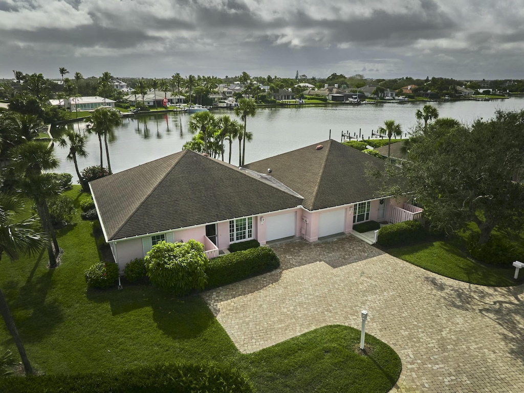 aerial view featuring a water view