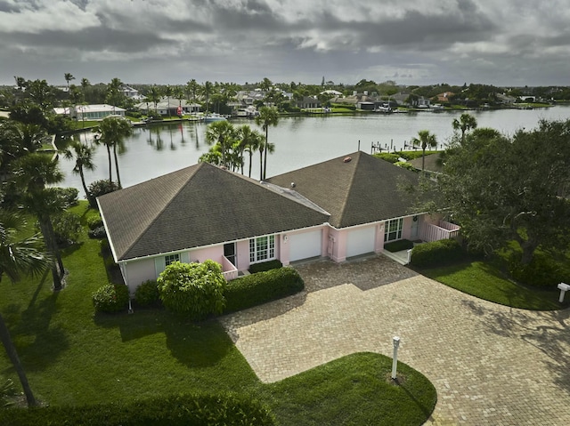 aerial view featuring a water view