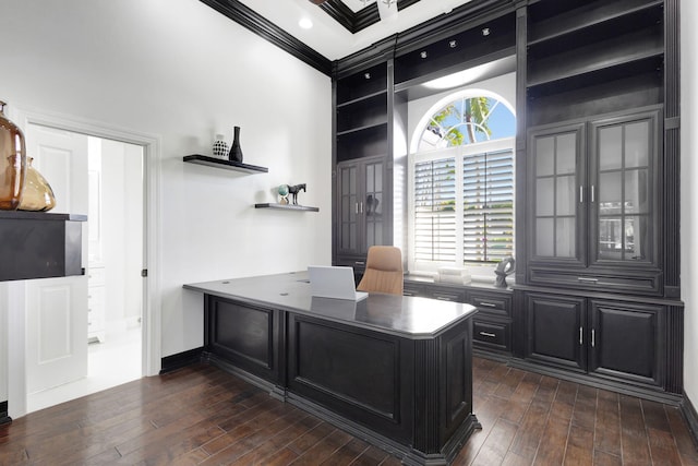 office area featuring dark wood-type flooring and ornamental molding