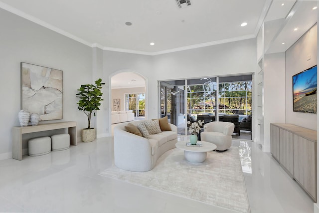 11960 Torreyanna Cir, West Palm Beach, FL 33412 - living area featuring baseboards, ornamental molding, recessed lighting, arched walkways, and a sunroom