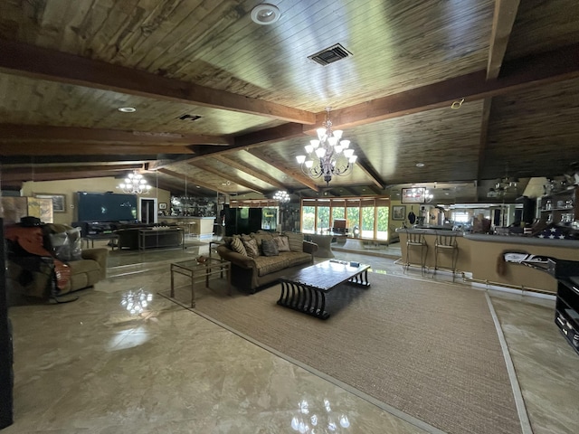 living room featuring a notable chandelier, wood ceiling, and lofted ceiling with beams