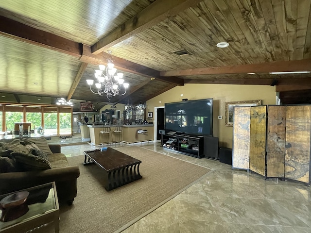 living room featuring a notable chandelier, lofted ceiling with beams, and wooden ceiling