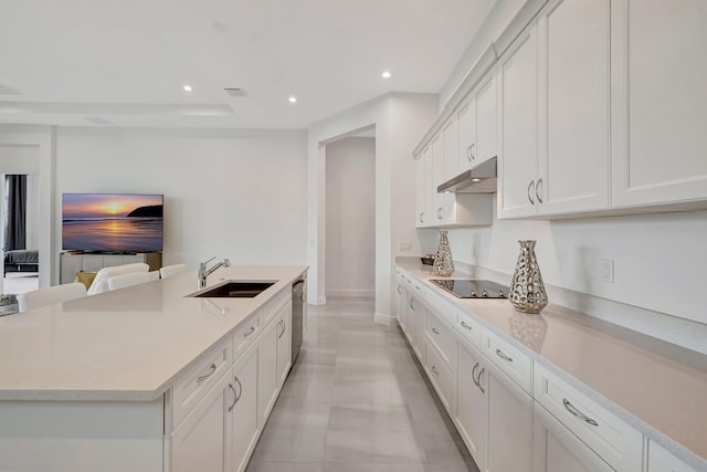 kitchen featuring sink, white cabinets, a kitchen island with sink, stainless steel dishwasher, and black electric stovetop