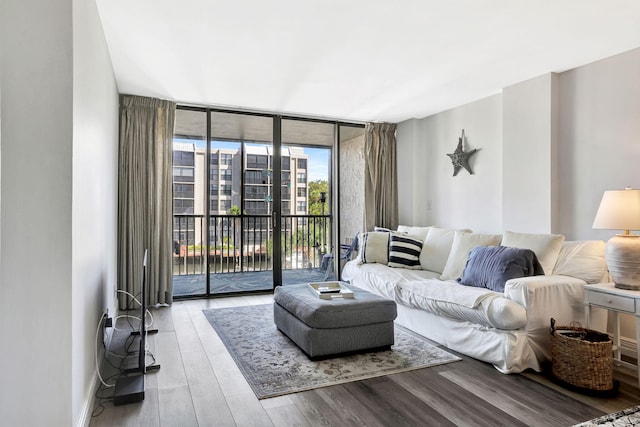 living room featuring a wall of windows and light hardwood / wood-style flooring