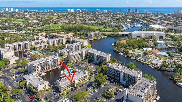 aerial view featuring a water view