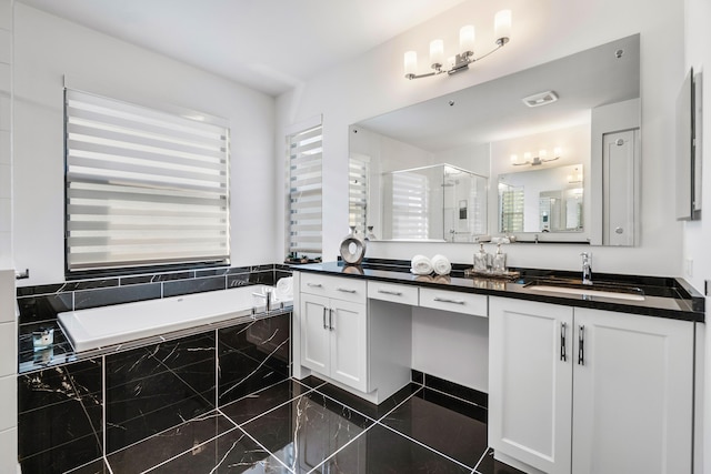 bathroom with vanity and plus walk in shower