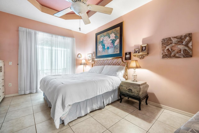 bedroom with ceiling fan, access to outside, and light tile patterned floors