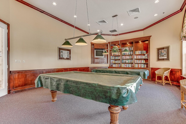 playroom featuring billiards, ornamental molding, and carpet flooring