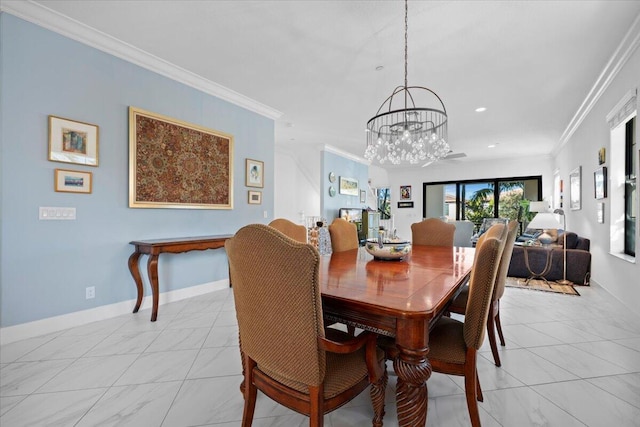 dining space with a notable chandelier and crown molding