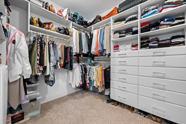 walk in closet featuring light carpet