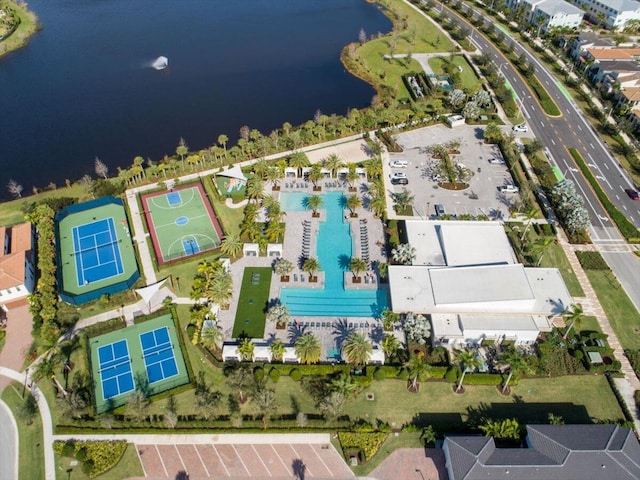 bird's eye view with a water view