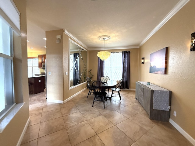 dining space with light tile patterned flooring, baseboards, and ornamental molding