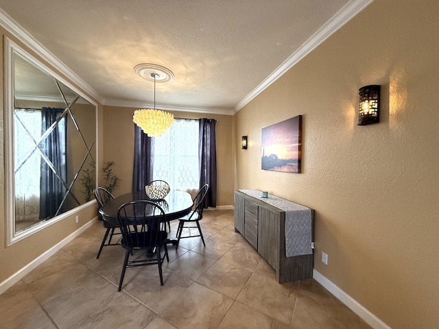 dining room featuring crown molding, baseboards, light tile patterned floors, an inviting chandelier, and a textured wall