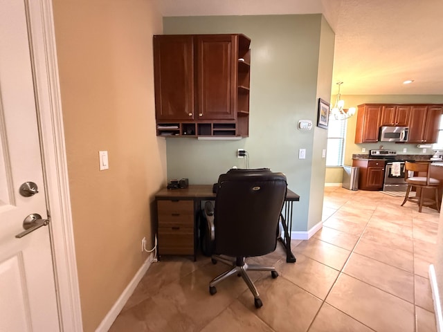 office area with baseboards, a notable chandelier, and light tile patterned flooring