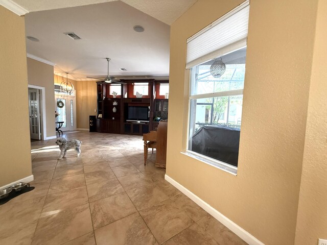 full bathroom with vanity, tiled shower, an inviting chandelier, tile patterned floors, and a bath