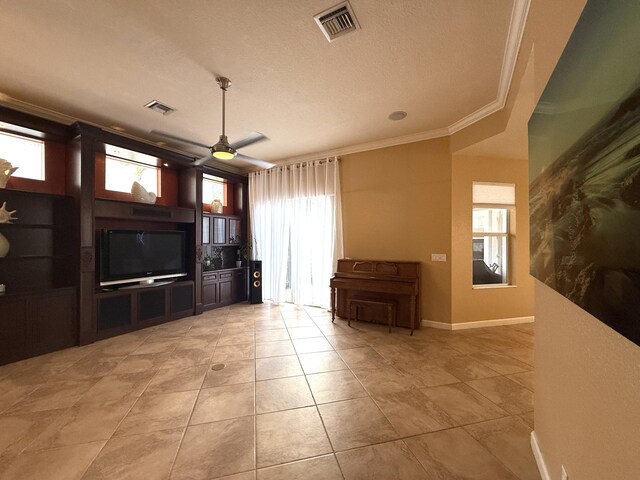 full bathroom with vanity, visible vents, tile patterned flooring, walk in shower, and a bathtub