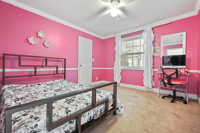 bedroom with ceiling fan, ornamental molding, a textured ceiling, and carpet