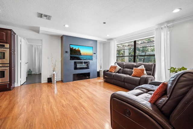 living room featuring light hardwood / wood-style flooring and a textured ceiling