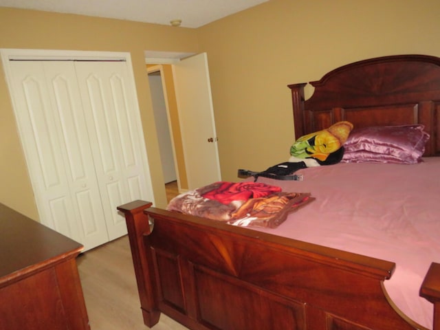 bedroom with wood-type flooring and a closet