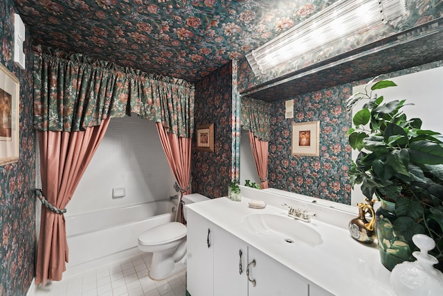 full bathroom featuring shower / bath combination with curtain, vanity, toilet, and tile patterned flooring