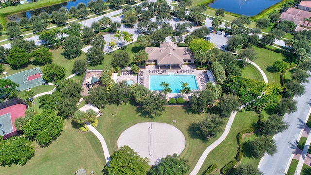 drone / aerial view with a water view