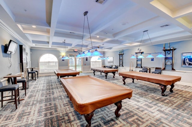 game room with coffered ceiling, pool table, carpet floors, and beam ceiling