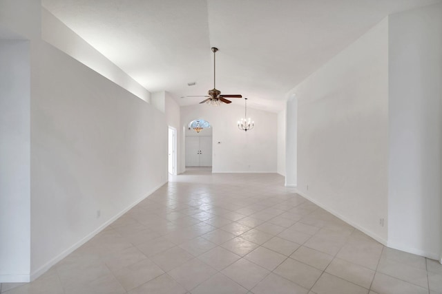 interior space with high vaulted ceiling, baseboards, light tile patterned flooring, and ceiling fan with notable chandelier