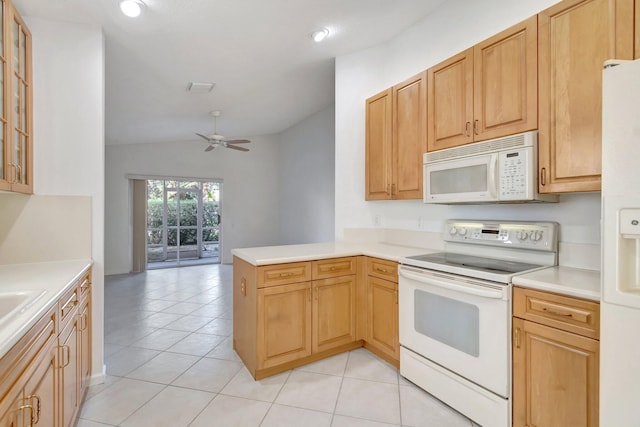 kitchen with light countertops, white appliances, a peninsula, and glass insert cabinets