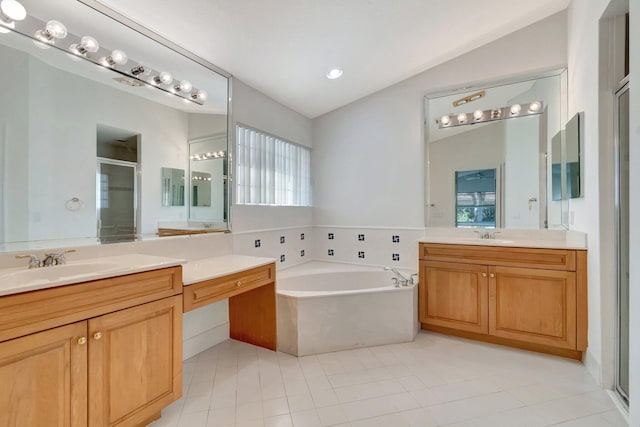 bathroom featuring tile patterned floors, vanity, plus walk in shower, and vaulted ceiling