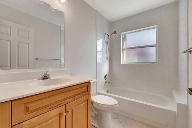 full bath with toilet, vanity, tile patterned flooring, and bathing tub / shower combination