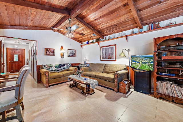 living room featuring lofted ceiling with beams, ceiling fan, light tile patterned floors, and wood ceiling